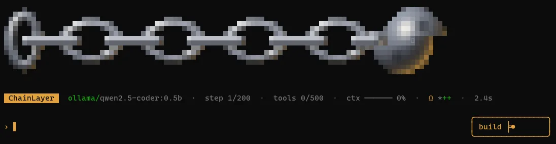 The ChainLayerTwo terminal: a shaded iron ball on a chain of interlocking links above the status line, which shows the local model ollama/qwen2.5-coder:0.5b, step 1 of 200, 0 of 500 tools and the RCP indicator.
